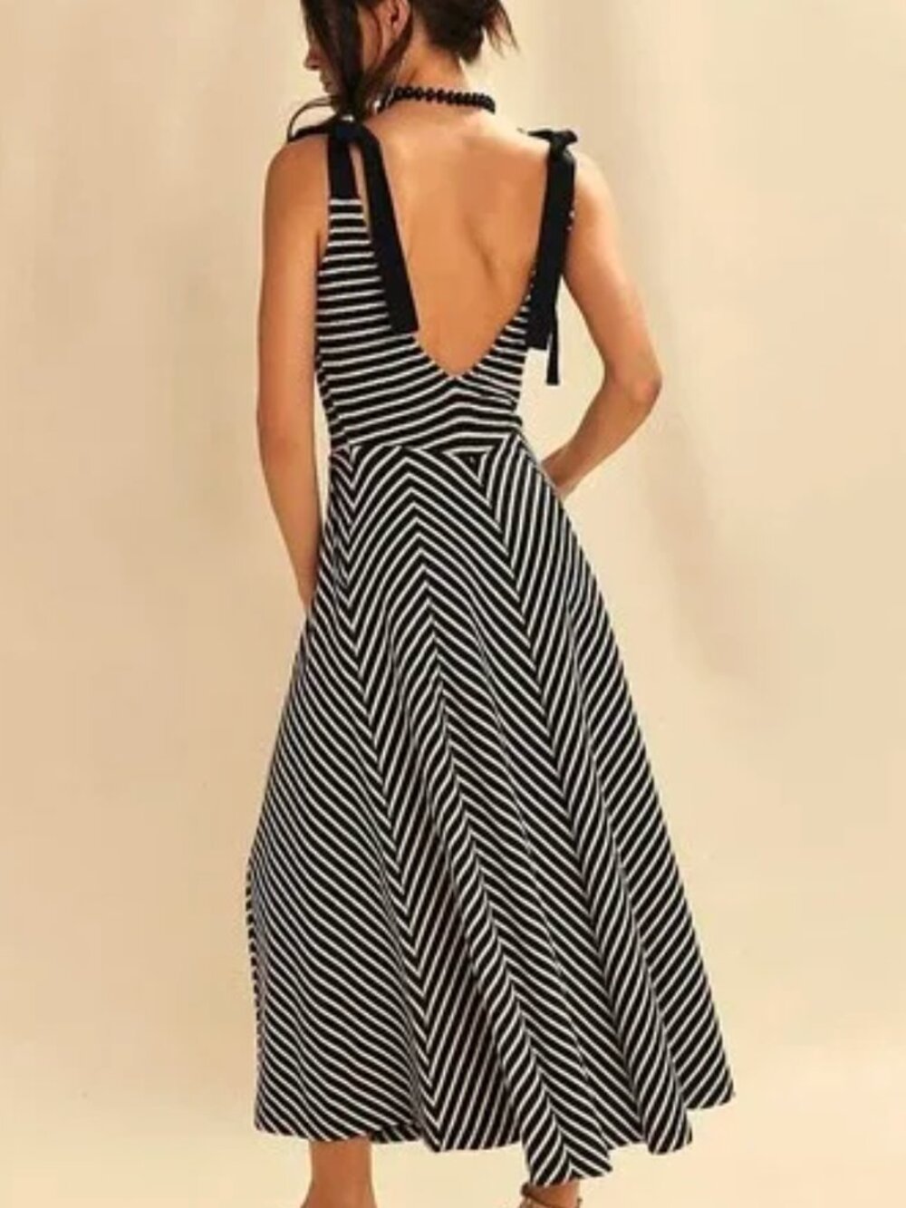 Free People Free-est Cecilia Midi Dress NWT M Black White Stripe Tie Strap Coast - Picture 9 of 12